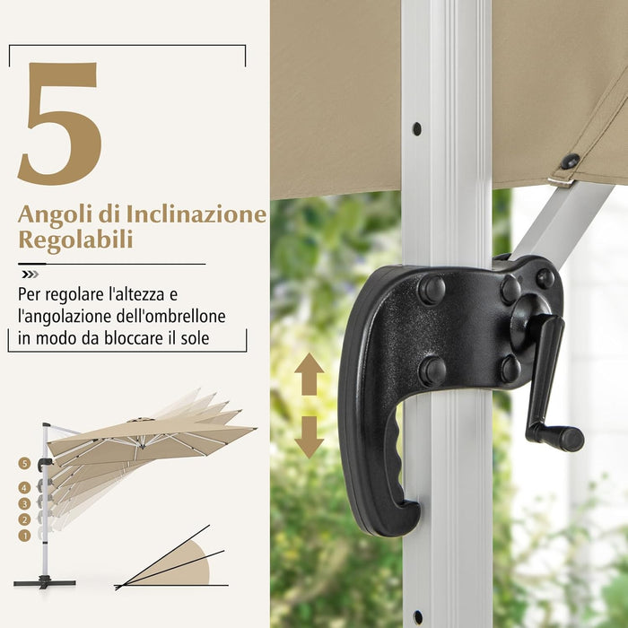 Ombrellone da Giardino 300 cm, Ombrellone Quadrato da Esterno con Rotazione a 360°, Inclinazione Regolabile, Base a Croce, 8 Stecche (Beige, 300 x 300 x 261 cm)