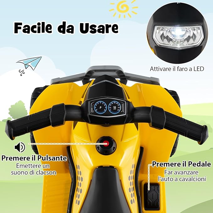 Quad Elettrico per Bambini 18-36 Mesi, Macchina Cavalcabile per Bambini con Batteria Ricarilabile 6V, Veicolo Elettrico con Faro a LED e 4 Ruote per Interno ed Esterno, Portata 25 kg