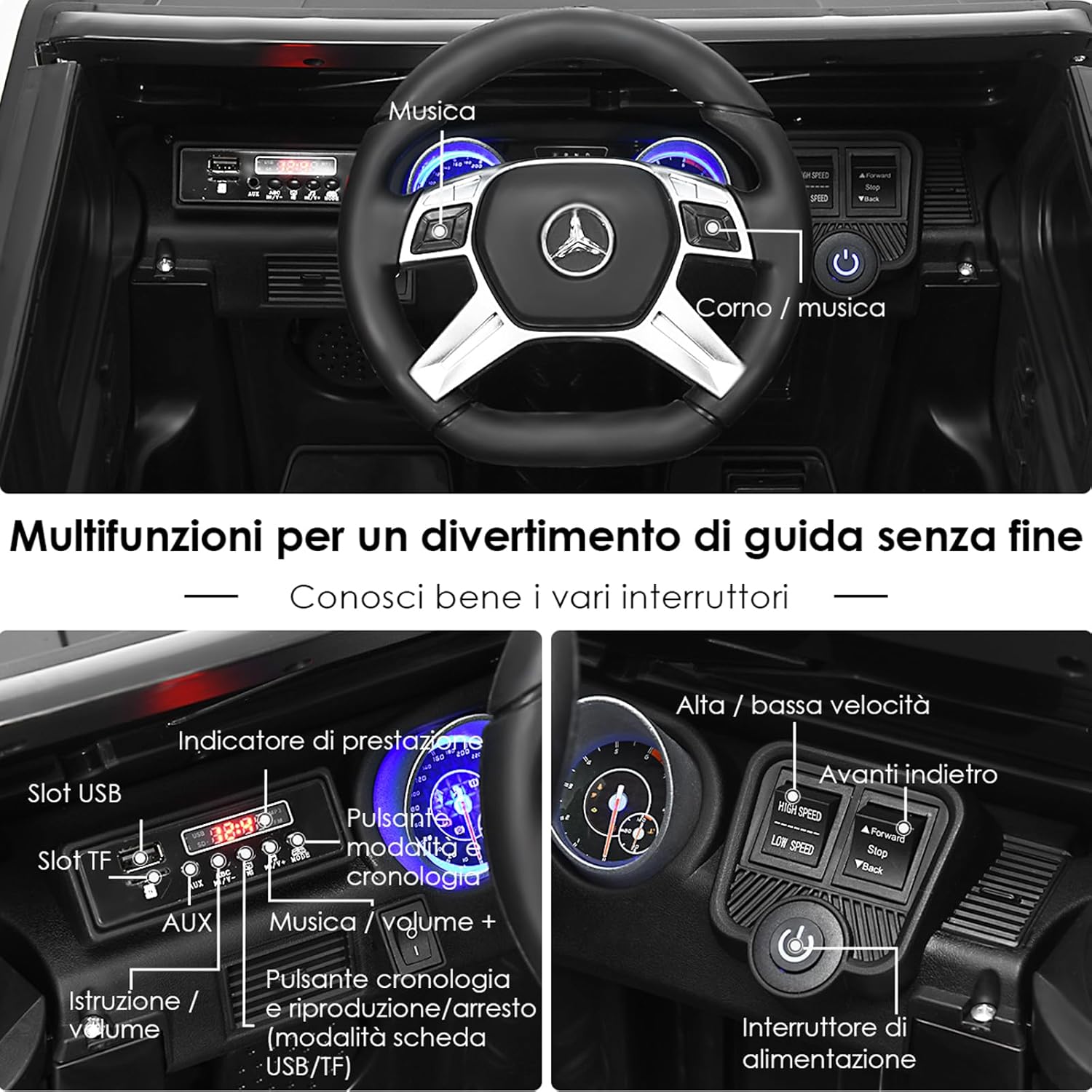 Mercedes Benz Macchina Elettrica per Bambini 12V, Veicolo Elettrico con Luci LED e Chiusura di Sicurezza, Macchina Cavalcabile per Bambini 3-8 Anni (Nero)