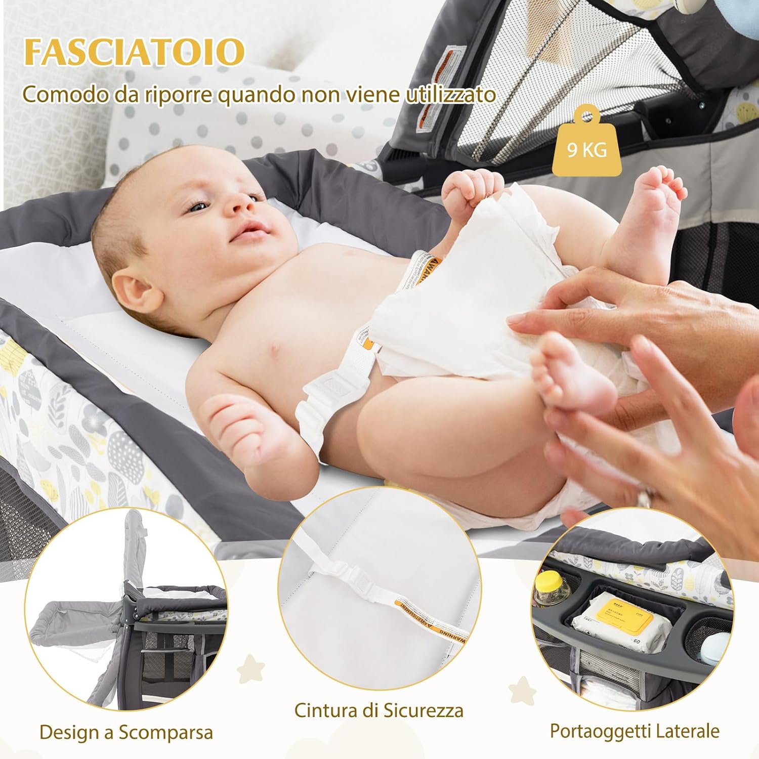 4 in 1 Lettino da Campeggio con Fasciatoio, Lettino Pieghevole per Bambini con Materasso, Centro Neonati con Culla, Box Musicale, Cappottina Regolabile, Borsa da Viaggio (Foglie)