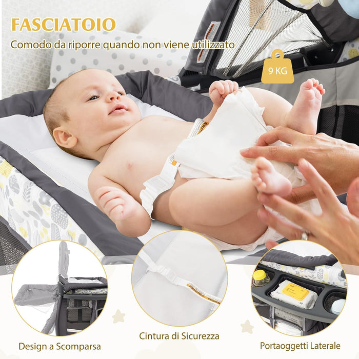 4 in 1 Lettino da Campeggio con Fasciatoio, Lettino Pieghevole per Bambini con Materasso, Centro Neonati con Culla, Box Musicale, Cappottina Regolabile, Borsa da Viaggio (Foglie)