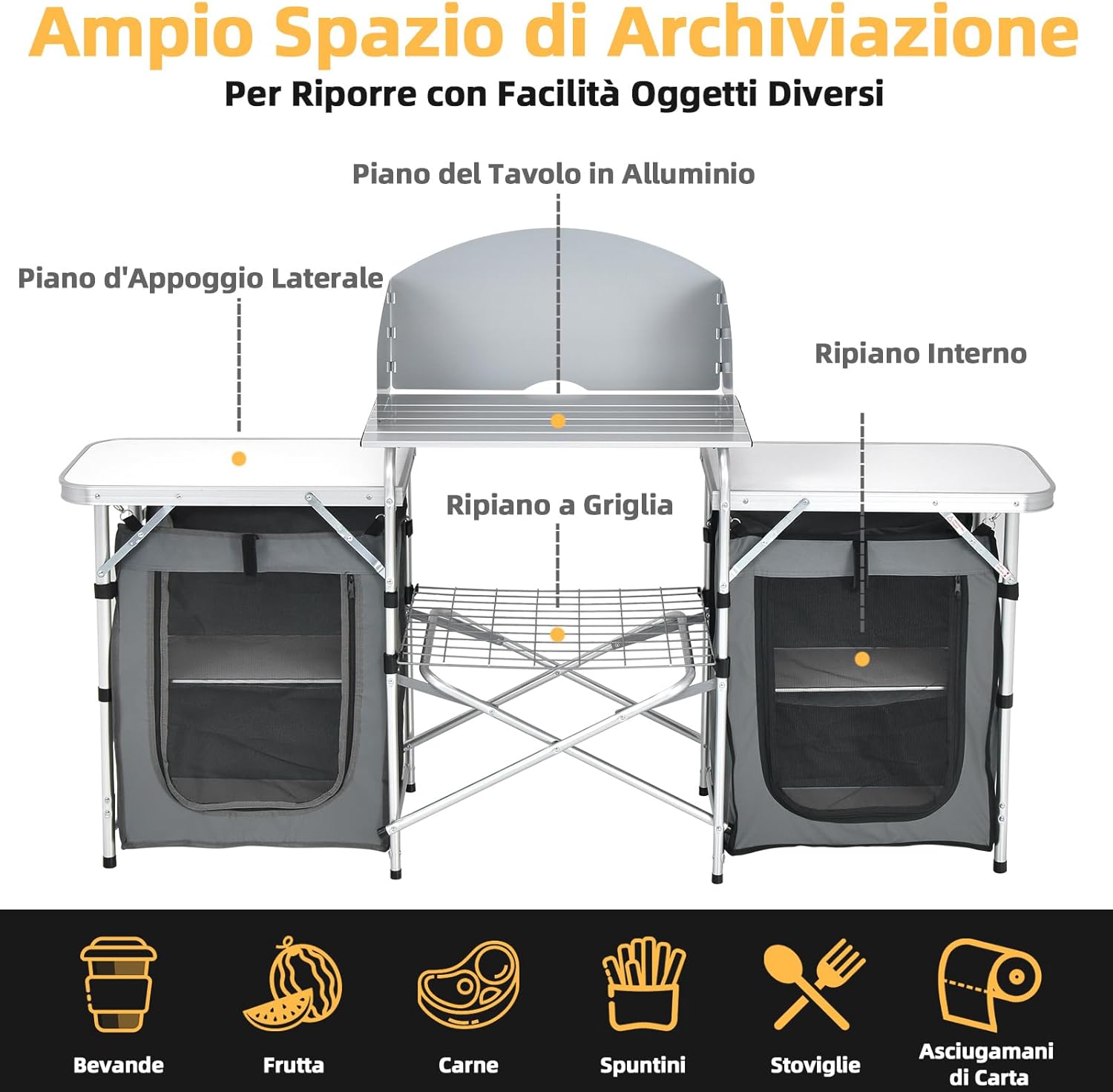 Cucina Portatile Cucina per Esterno Tavolo da Campeggio Pieghevole, Tavolo per Griglia in Alluminio, con Contenitori, per Festa Griglia e Campeggio (Grigio)