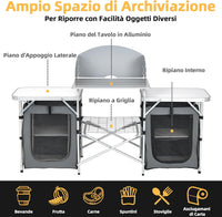 Cucina Portatile Cucina per Esterno Tavolo da Campeggio Pieghevole, Tavolo per Griglia in Alluminio, con Contenitori, per Festa Griglia e Campeggio (Grigio)