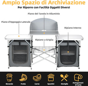 Cucina Portatile Cucina per Esterno Tavolo da Campeggio Pieghevole, Tavolo per Griglia in Alluminio, con Contenitori, per Festa Griglia e Campeggio (Grigio)
