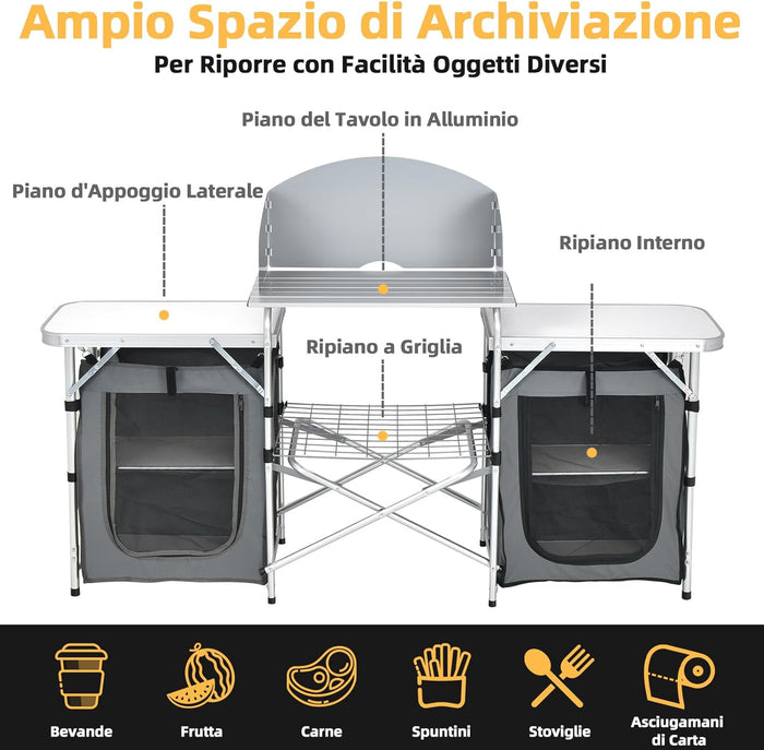Cucina Portatile Cucina per Esterno Tavolo da Campeggio Pieghevole, Tavolo per Griglia in Alluminio, con Contenitori, per Festa Griglia e Campeggio (Grigio)