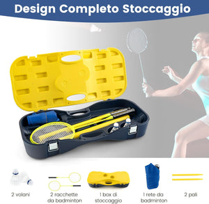 Set di Badminton con Rete, Racchette, 2 Volani e Scatola di Conservazione, Set di Badminton Portatile per 2 Giocatori da Esterno per Bambini, Ragazzi e Adulti