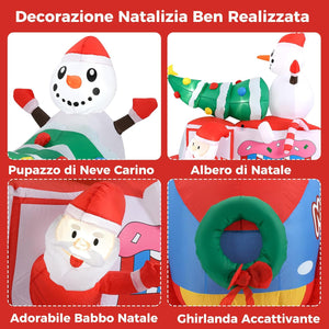 Babbo Natale Gonfiabile con Auto 177 cm, Decorazione Gonfiabile Natalizia con Babbo Natale, Pupazzo di Neve e Albero di Natale, 5 Luci LED Interne e Ventola Integrata