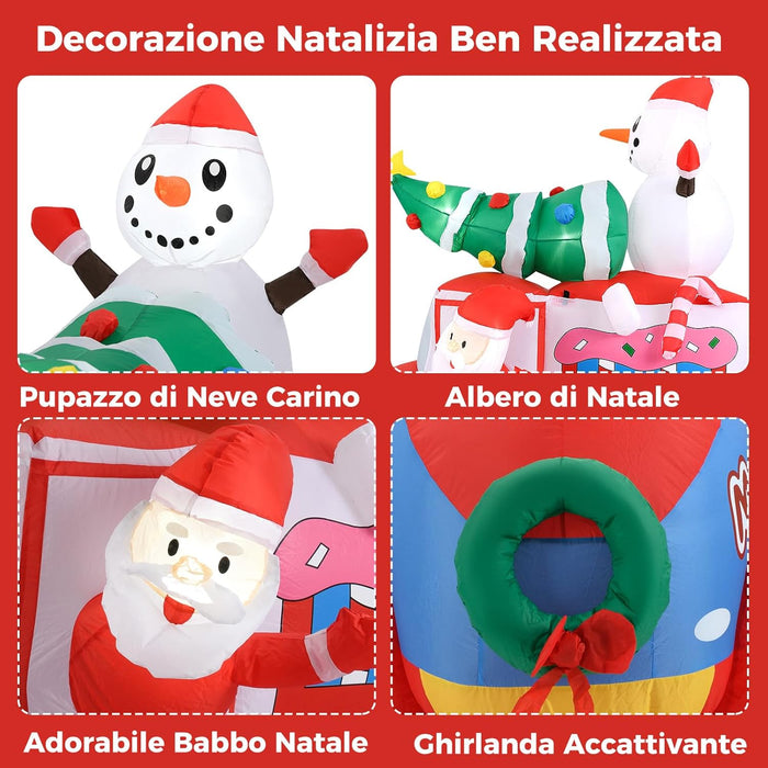 Babbo Natale Gonfiabile con Auto 177 cm, Decorazione Gonfiabile Natalizia con Babbo Natale, Pupazzo di Neve e Albero di Natale, 5 Luci LED Interne e Ventola Integrata