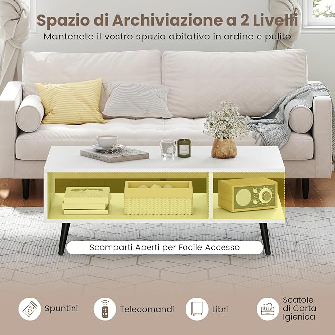 Tavolino da Caffè a 2 Livelli, Tavolino Moderno con Gambe in Metallo e Ripiano, Tavolo Centrale Rettangolare per Soggiorno, Studio e Ufficio (Bianco)