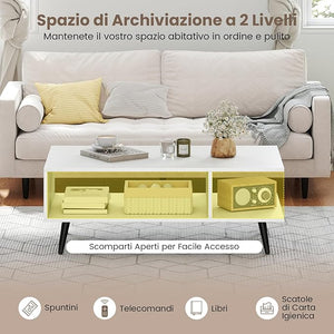 Tavolino da Caffè a 2 Livelli, Tavolino Moderno con Gambe in Metallo e Ripiano, Tavolo Centrale Rettangolare per Soggiorno, Studio e Ufficio (Bianco)