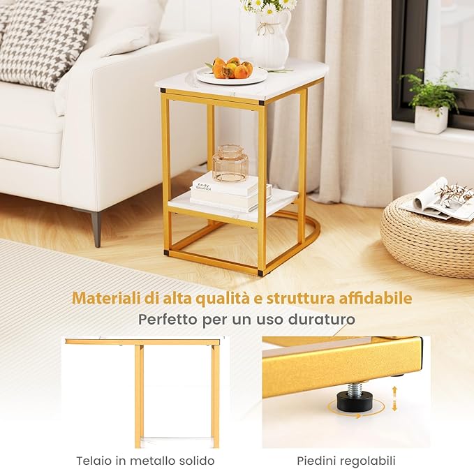 Tavolino a Forma di C, Tavolino Moderno da Divano con Piano in Marmo Finto e Mensola, Tavolo a 2 Livelli con Struttura in Metallo per Soggiorno, Camera da Letto