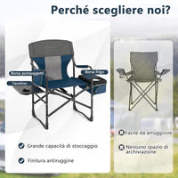 Sedia da Campeggio Pieghevole, Sedia da Regista Robusta con Tavolino, Borsa Frigo, Borsa Portaoggetti e Cinghia, Sedia da Trucco da 180 kg, per Campeggio Escursione Pesca Picnic (blu)