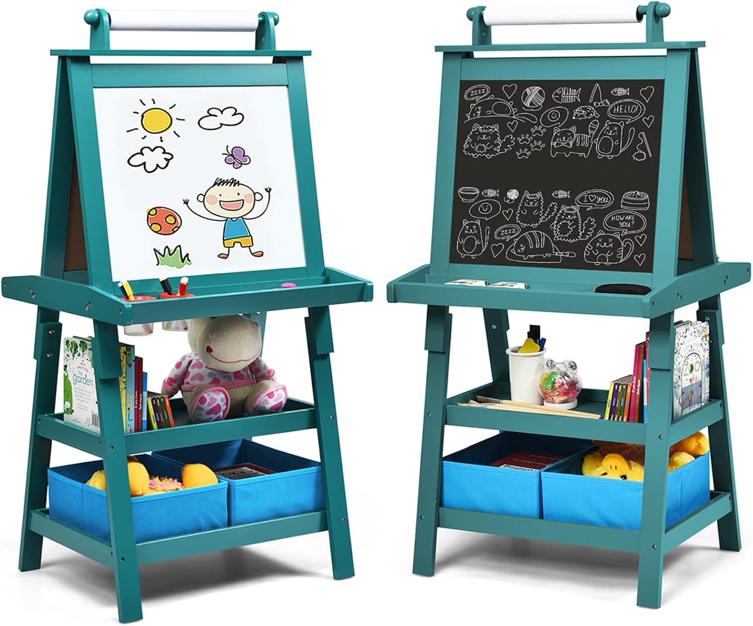 3 in 1 Cavalletto per Bambini con Doppia Faccia, Cavalletto per Disegno con 2 Vassoi e 2 Scatole, Lavagna Bambini in Legno (Blu)