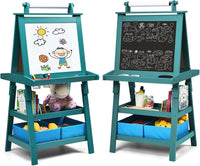 3 in 1 Cavalletto per Bambini con Doppia Faccia, Cavalletto per Disegno con 2 Vassoi e 2 Scatole, Lavagna Bambini in Legno (Blu)