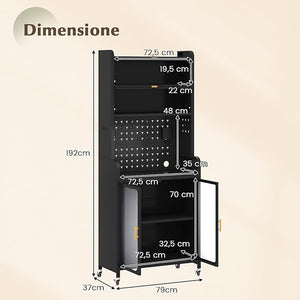Credenza da Cucina, Armadietto Salvaspazio in Metallo con Ampio Piano di Lavoro, Ripiano Regolabile, Pannello Forato e Ruote, per Sala da Pranzo e Soggiorno, 79 x 37 x 192 cm