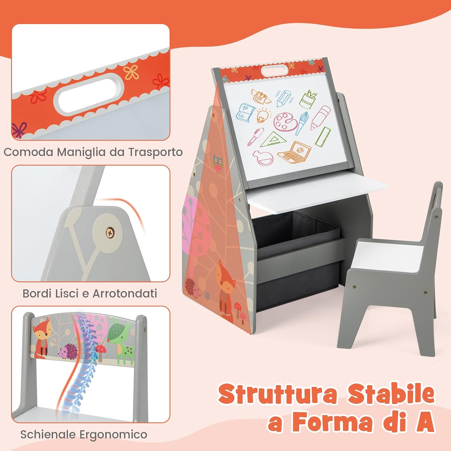 Cavalletto per Bambini Doppio Lato, Set Tavolo e Sedia per Bambini con Lavagna Magnetica e Lavagna Bianca, Contenitore in Tessuto e Libreria(Grigio)