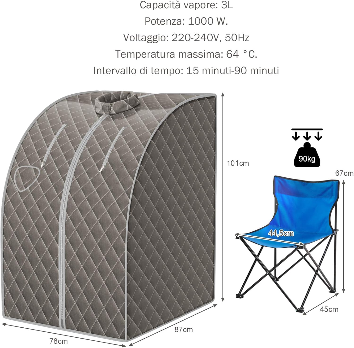 1000 W Sauna a Vapore Portatile con Telecomando, Sauna Domestica Bagno di Vapore con Sedia, Sauna Spa 3L, Funziona Timer 15-90 min (Grigio)
