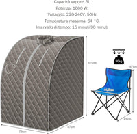 1000 W Sauna a Vapore Portatile con Telecomando, Sauna Domestica Bagno di Vapore con Sedia, Sauna Spa 3L, Funziona Timer 15-90 min (Grigio)
