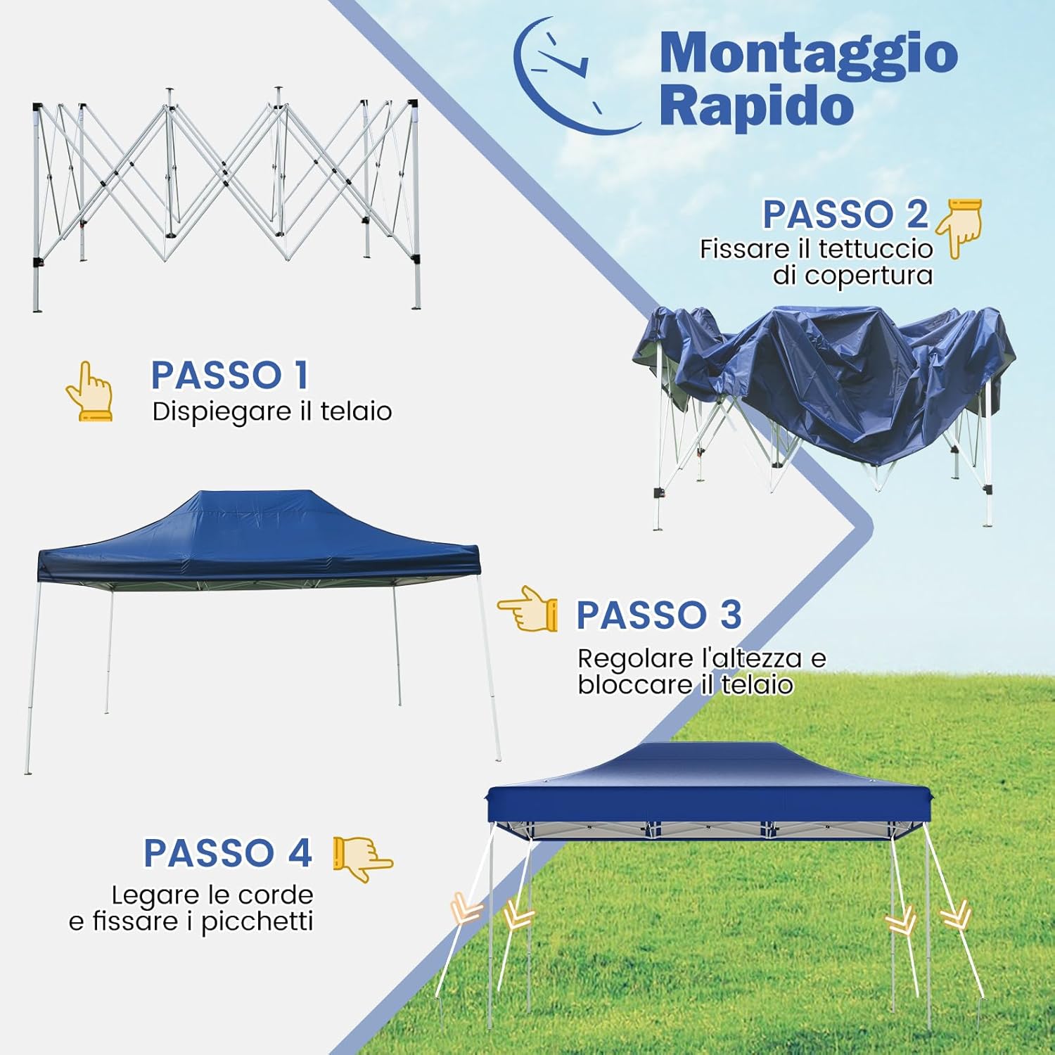Gazebo Pop-up Pieghevole 3 x 4,5 m, Gazebo da Giardino Impermeabile Altezza Regolabile con Fori di Drenaggio, Tenda da Giardino Antivento con Borsa di Trasporto a Ruote (Blu)