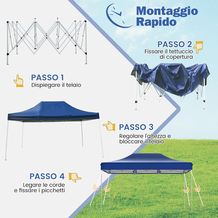 Gazebo Pop-up Pieghevole 3 x 4,5 m, Gazebo da Giardino Impermeabile Altezza Regolabile con Fori di Drenaggio, Tenda da Giardino Antivento con Borsa di Trasporto a Ruote (Blu)