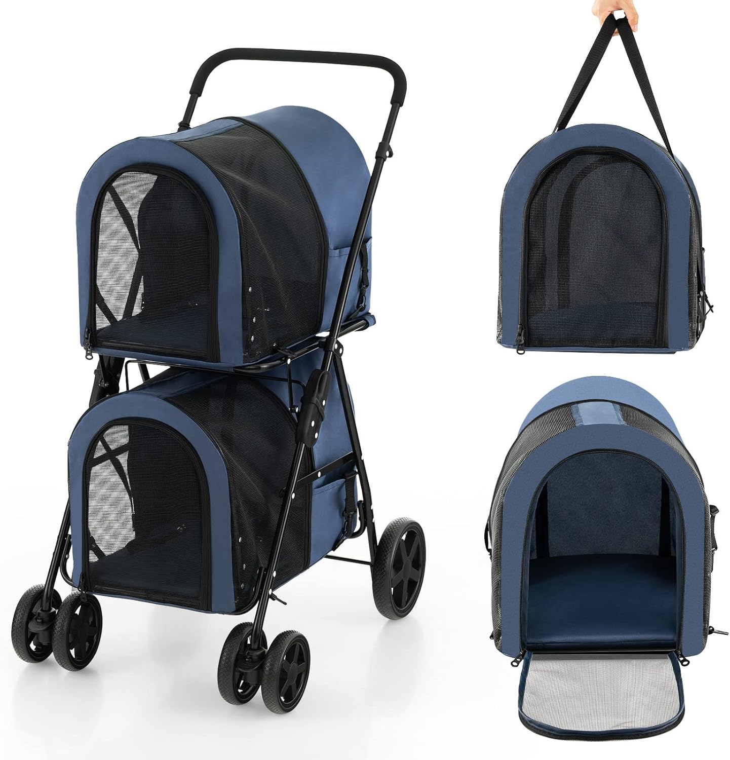 Passeggino per Cani Pieghevole, Carrozzina per Cani Multifunzionale 4 in 1 a Doppio Livello, Passeggino Smontabile con Ruote, Ideale per Passeggiata Viaggio e Shopping (Blu)