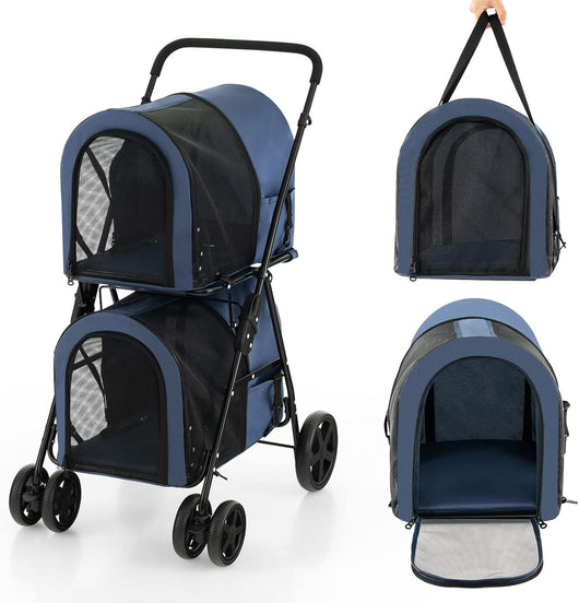 Passeggino per Cani Pieghevole, Carrozzina per Cani Multifunzionale 4 in 1 a Doppio Livello, Passeggino Smontabile con Ruote, Ideale per Passeggiata Viaggio e Shopping (Blu)