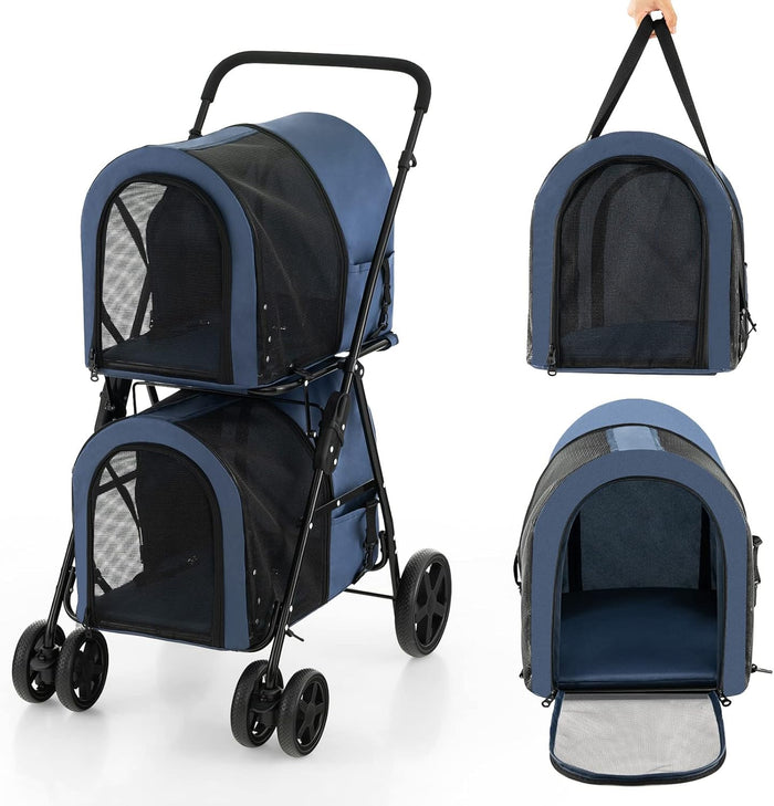 Passeggino per Cani Pieghevole, Carrozzina per Cani Multifunzionale 4 in 1 a Doppio Livello, Passeggino Smontabile con Ruote, Ideale per Passeggiata Viaggio e Shopping (Blu)