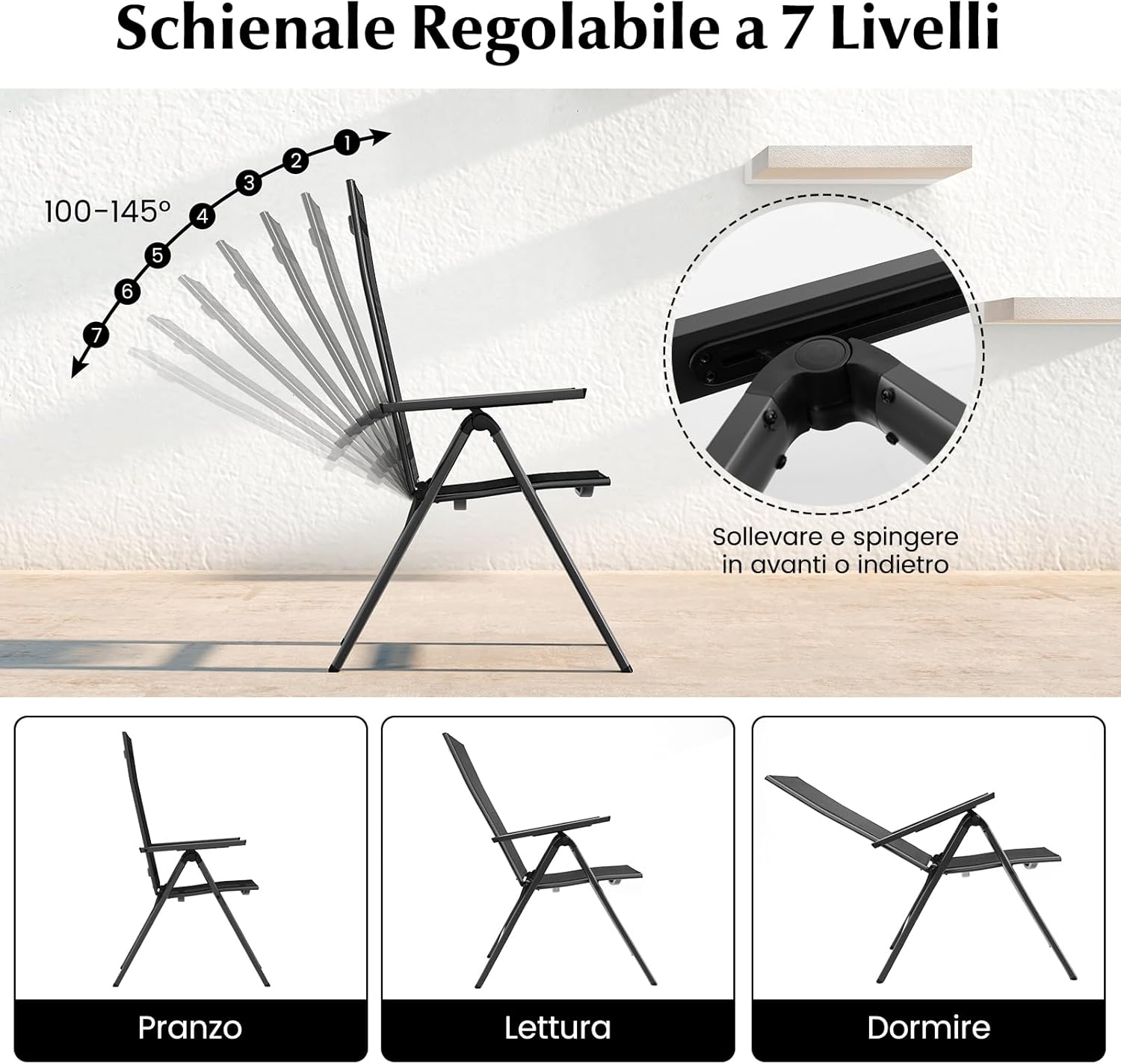 Sedie Pieghevoli da Patio, Sedie in Metallo con Schienale Regolabile su 7 Posizioni, Braccioli, Sedie Reclinabili Portatili per Giardino, Veranda, Piscina, 72,5 x 58 x 107 cm (2)
