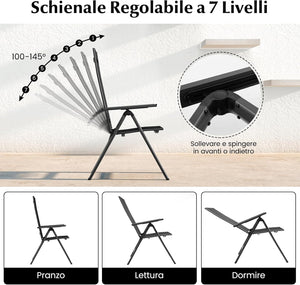 Sedie Pieghevoli da Patio, Sedie in Metallo con Schienale Regolabile su 7 Posizioni, Braccioli, Sedie Reclinabili Portatili per Giardino, Veranda, Piscina, 72,5 x 58 x 107 cm (2)