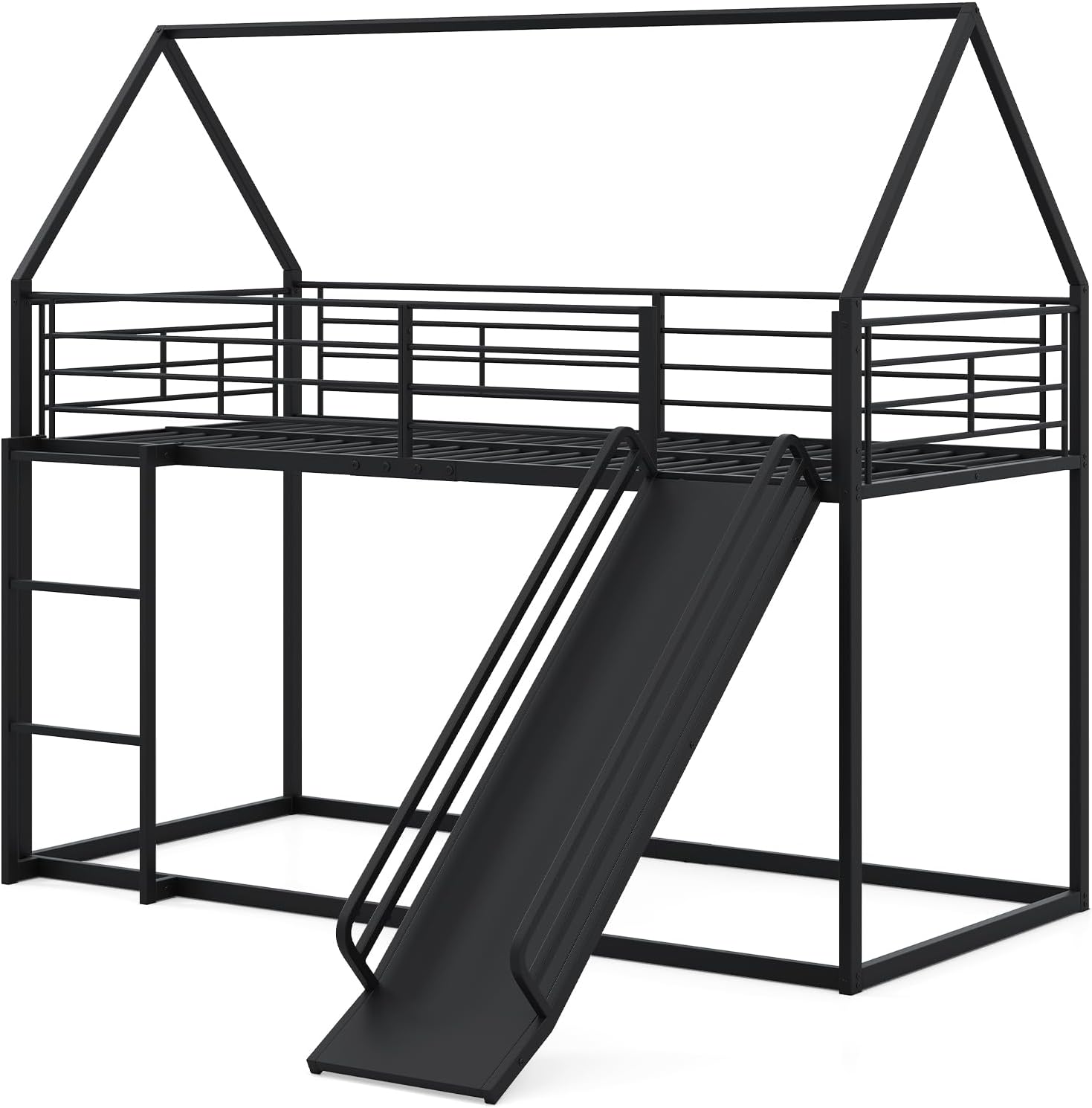 Letto a Castello per Bambini 90x200 cm, Letto Montessori con Scivolo Scala, Struttura in Metallo e Sponda di Sicurezza, Forma di Casa, senza Bisogno di Rete a Molle, Portata 110 kg (Nero)