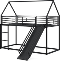 Letto a Castello per Bambini 90x200 cm, Letto Montessori con Scivolo Scala, Struttura in Metallo e Sponda di Sicurezza, Forma di Casa, senza Bisogno di Rete a Molle, Portata 110 kg (Nero)