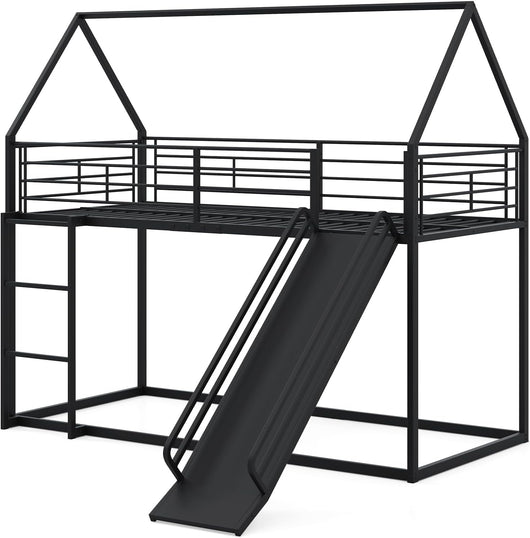 Letto a Castello per Bambini 90x200 cm, Letto Montessori con Scivolo Scala, Struttura in Metallo e Sponda di Sicurezza, Forma di Casa, senza Bisogno di Rete a Molle, Portata 110 kg (Nero)