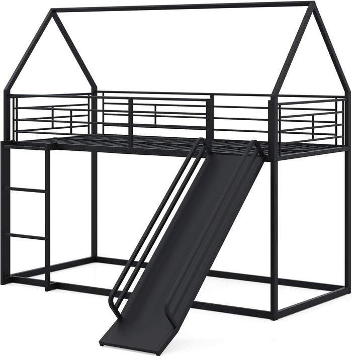 Letto a Castello per Bambini 90x200 cm, Letto Montessori con Scivolo Scala, Struttura in Metallo e Sponda di Sicurezza, Forma di Casa, senza Bisogno di Rete a Molle, Portata 110 kg (Nero)