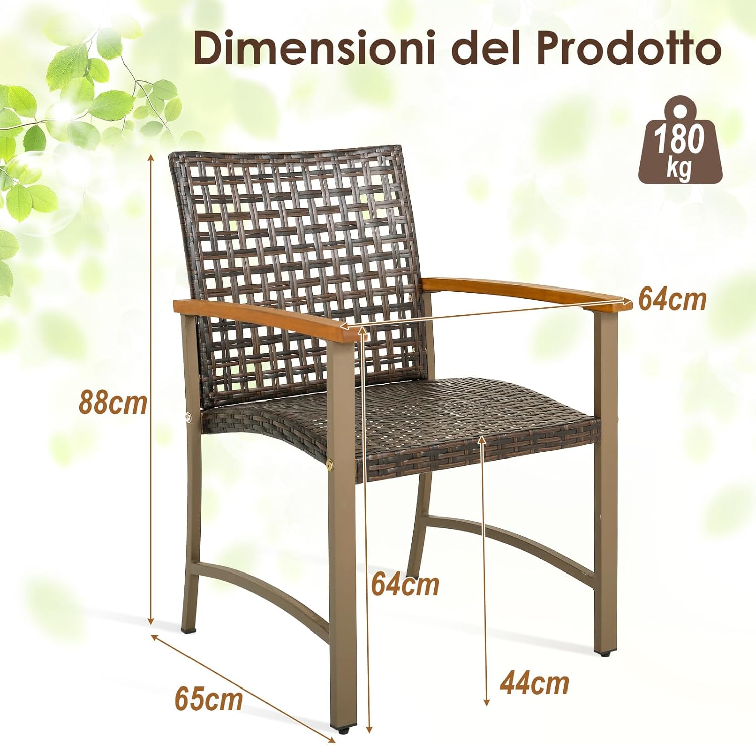 Set di 4 Sedie da Giardino in Rattan, Sedie da Pranzoper Patio con Braccioli in Legno di Acacia, Telaio in Metallo, Poltrone Giardino per Balcone, Portico, Piscina, Portata 180 kg