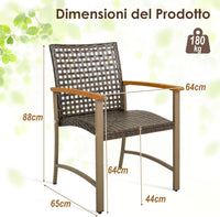 Set di 4 Sedie da Giardino in Rattan, Sedie da Pranzoper Patio con Braccioli in Legno di Acacia, Telaio in Metallo, Poltrone Giardino per Balcone, Portico, Piscina, Portata 180 kg