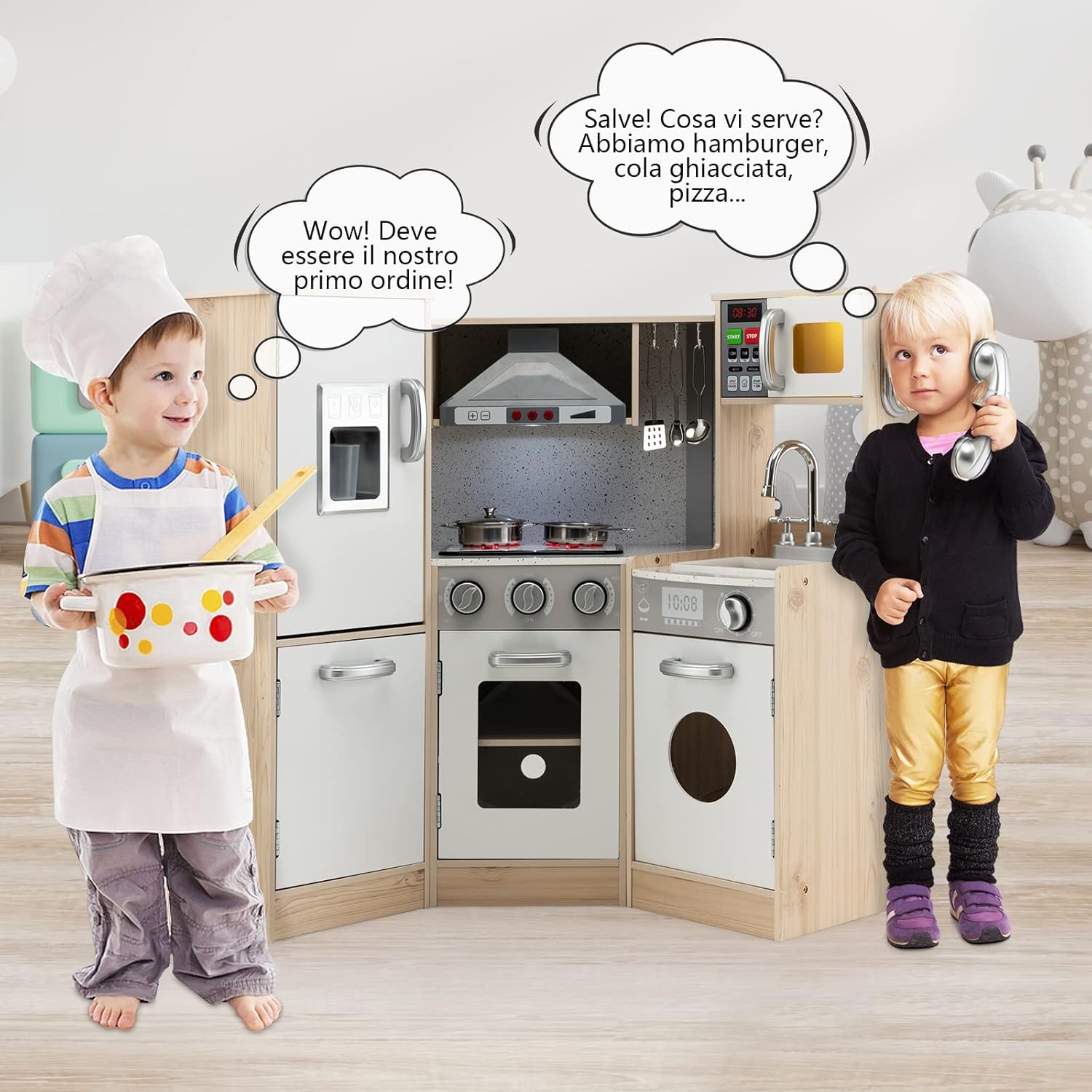 Cucina Giocattolo per Bambini in Legno, Cucina per Bambini con Macchina del Ghiaccio, Telefono, Lavatrice, Forno, Microonde, Lavello e Rubinetto, Funzione Luci e Suoni, per Bambini 3+ Anni