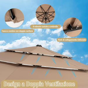 Ombrellone da Giardino 293 cm a 3 Livelli, Ombrellone da Esterno con Doppia Ventilazione, Inclinazione Regolabile, con Manovella 8 Stecche, Ombrellone da Spiaggia Giardino Piscina (Caffè)