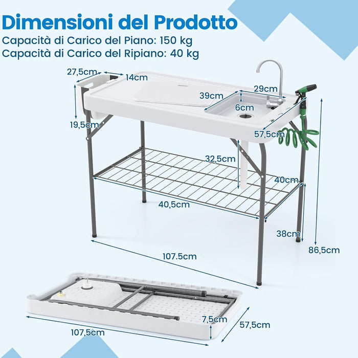 Tavolo da Pulizia del Pesce Pieghevole, Stazione di Lavoro da Esterno 2 in 1 con Lavello, Tavolo da Campeggio con Lavandino, Ugello a Spruzzo, per Campeggio Picnic