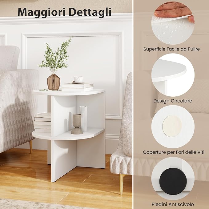 Tavolino da Salotto Semicircolare, Tavolino a 2 Ripiani a Forma di Mezzaluna con Ripiani Aperti, Tavolo per Spazi Ridotti da Soggiorno e Camera da Letto, Bianco (1)