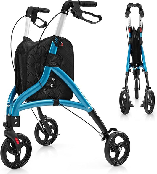 Deambulatore per Anziani in Alluminio Ultraleggero a 3 Ruote, Rollator per Anziani Pieghevole e Regolabile in 6 Livelli 86-96 cm con Borsa e Ruote Bloccabili, Portata 136 kg (Blu)