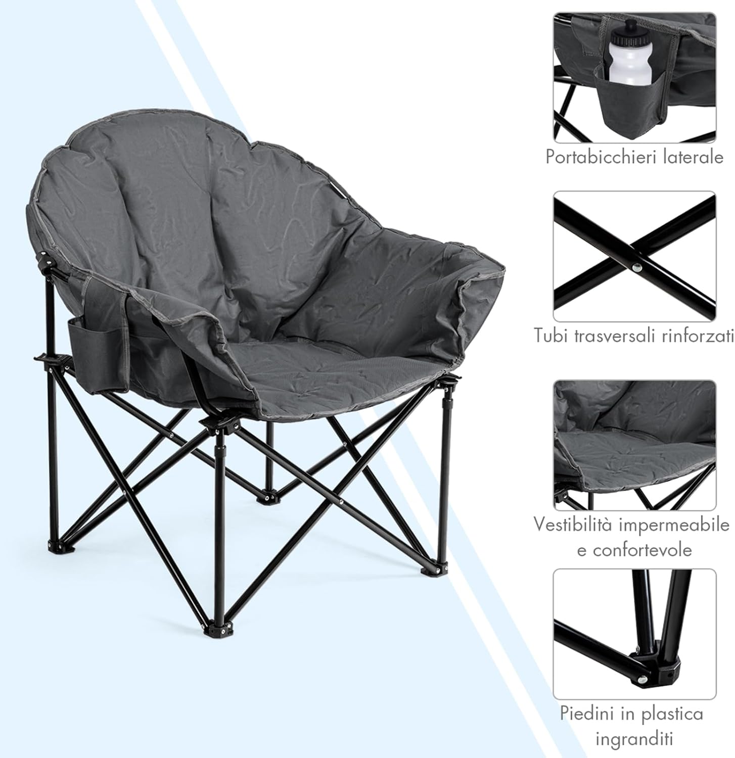 Sedia da Campeggio Pieghevole, Sedia Imbottita con Porta Bicchiere, per Campeggio Pesca Giardino Cortile Spiaggia, Struttura in Ferro (Grigio)