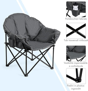 Sedia da Campeggio Pieghevole, Sedia Imbottita con Porta Bicchiere, per Campeggio Pesca Giardino Cortile Spiaggia, Struttura in Ferro (Grigio)