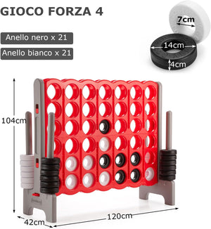 Forza 4 Gigante da 104 cm per Bambini e Adulti, Set Forza 4 per Interni ed Esterni con 42 Anelli Giganti e Dispositivo di Scorrimento a Sgancio Rapido, Perfetto per Feste e Vacanze, Rosso