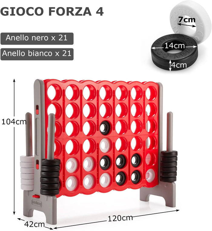 Forza 4 Gigante da 104 cm per Bambini e Adulti, Set Forza 4 per Interni ed Esterni con 42 Anelli Giganti e Dispositivo di Scorrimento a Sgancio Rapido, Perfetto per Feste e Vacanze, Rosso