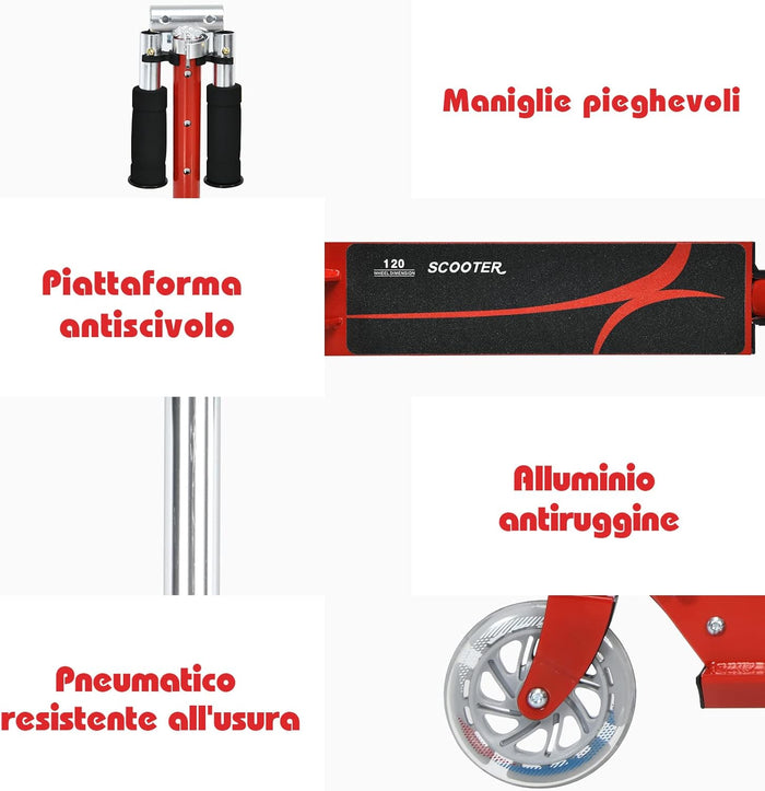 Monopattino Bambini, Monopattini a Spinta Pieghevole e Regolabile in 3 Altezze, con 2 Ruote Lampeggianti, Freno e Cavalletto, Portata 70 kg