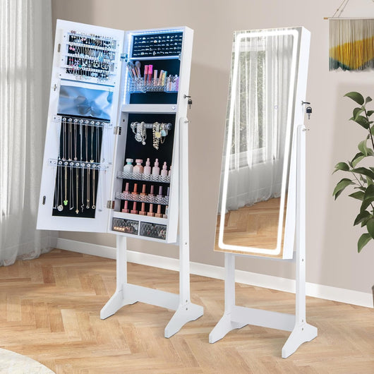 Armadietto Portagioie con Luci LED a 3 Colori, Specchiera per Gioielli da Terra, Mobile Portagioie con 3 Angolo Regolabile, Armadietto Portagioie in Legno, con Chiave (Bianco)