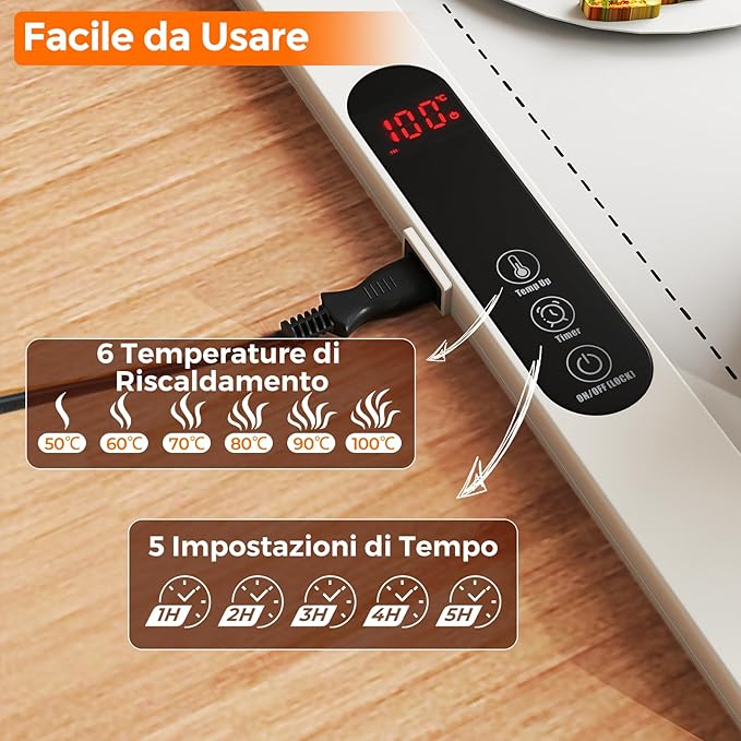 Tappetino Riscaldante per Alimenti, Scaldavivande Elettrico Arrotolabile in Silicone, con Tempo e Temperature Regolabili, Cinturino Autobloccante, per Scongelamento (60 x 38cm,Bianco)