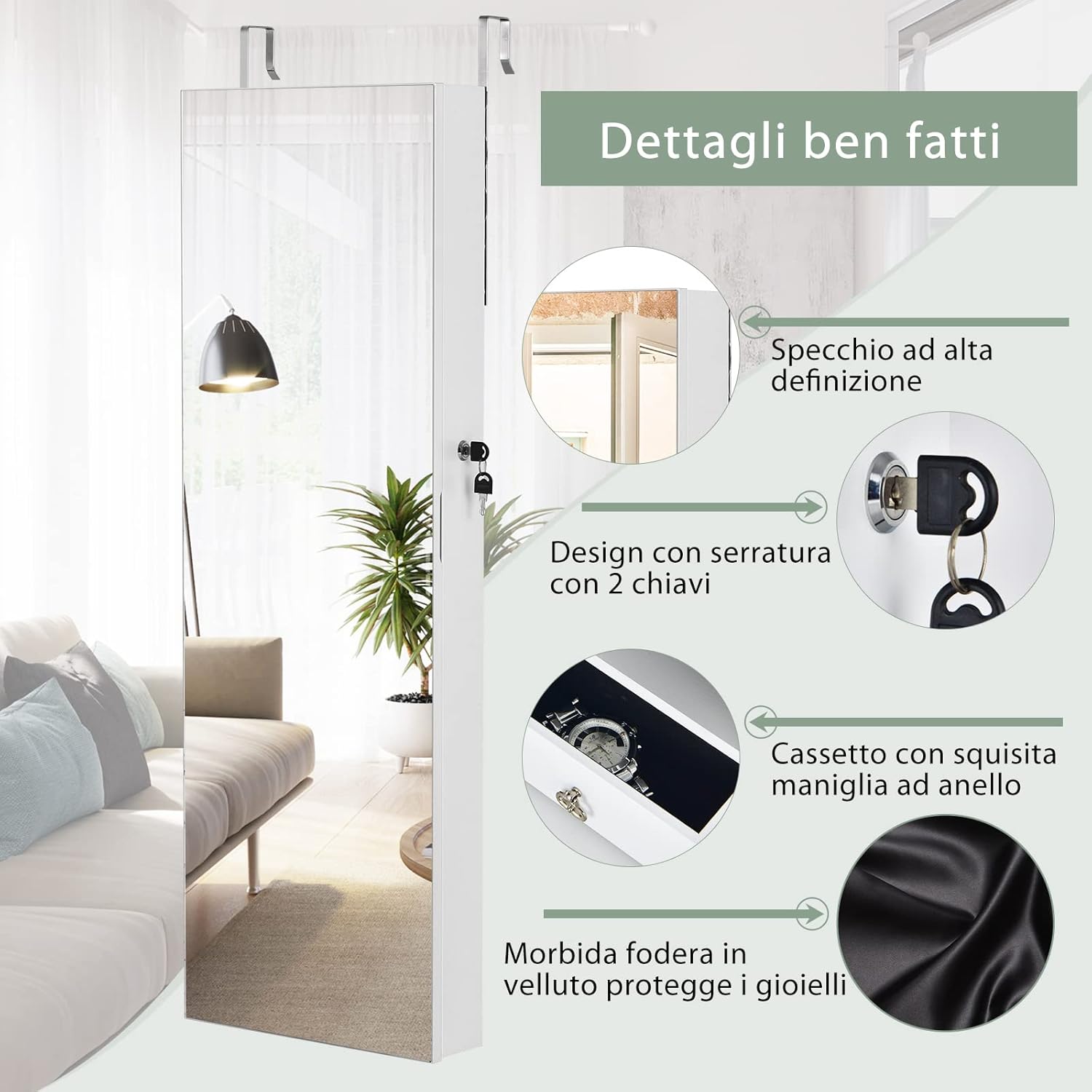 Armadietto Portagioie con Specchio, Armadio per Gioielli con 6 Luci LED e Cassetti, Organizer Gioielli per Camera da Letto e Cabina Armadio, 36 x 10 x 108 cm (Bianco)