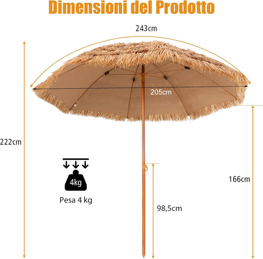 Ombrellone da Spiaggia 205 cm, Ombrellone di Paglia con 8 Stecche, Parasole Hawaiano in Paglia PP a 7 Livelli, per Spiaggia Giardino Piscina