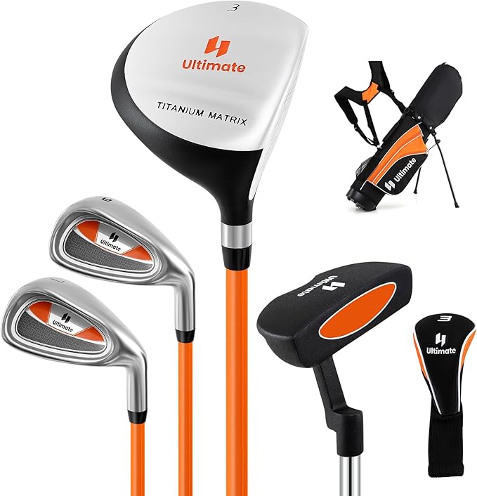 Set Completo di Mazze da Golf per Bambini, Inculude Fairway 3, Ferri 7 e 9, Putter, Copritesta, Borsa Portatile e Cappuccio Antipioggia, Set da Golf per Destrimano(Per 8-10 Anni)